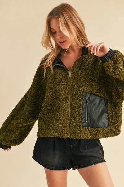 Collared Neck Zip Up Sherpa Jacket