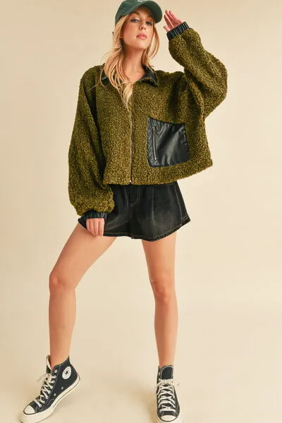 Collared Neck Zip Up Sherpa Jacket