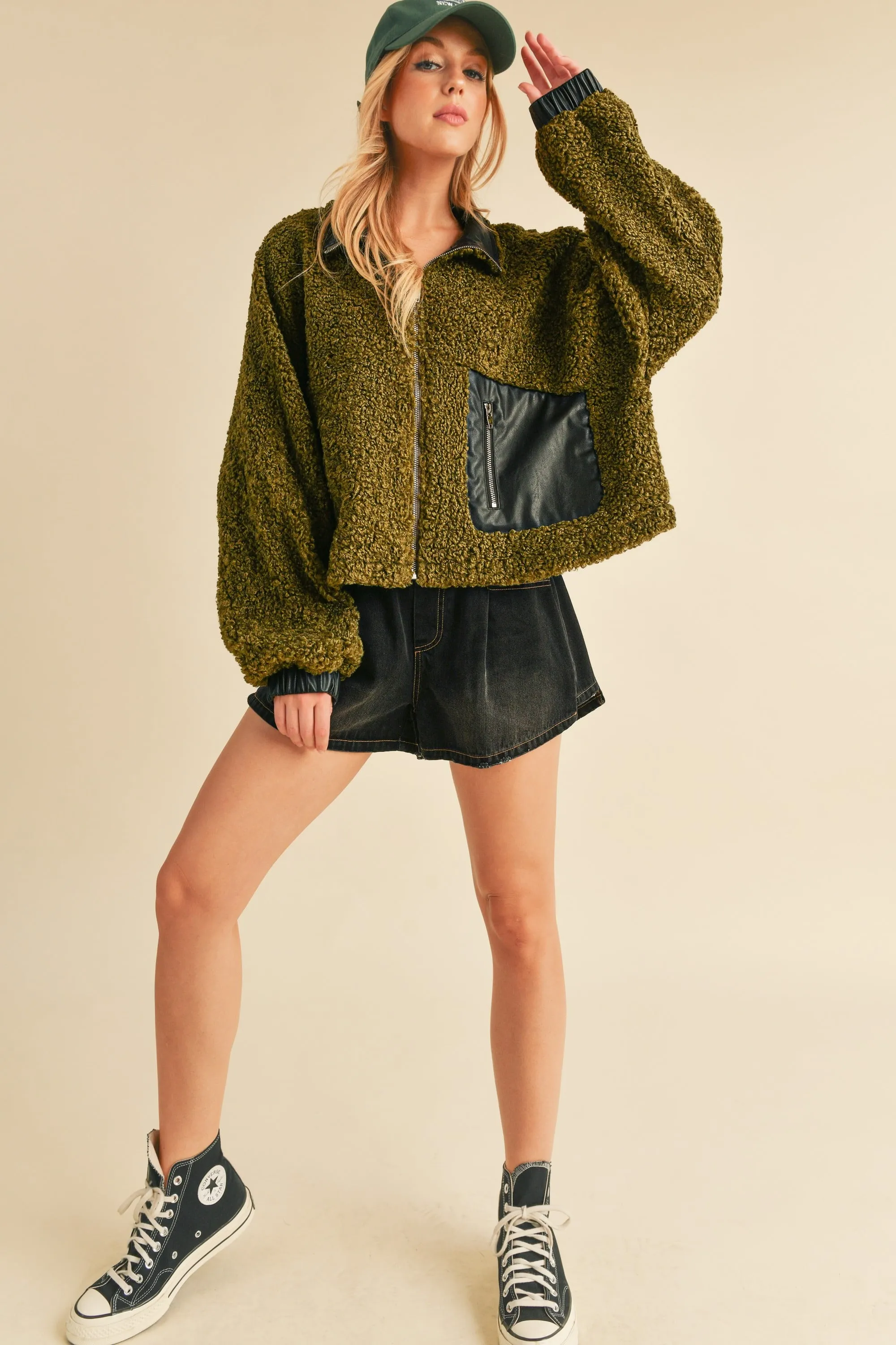 Collared Neck Zip Up Sherpa Jacket