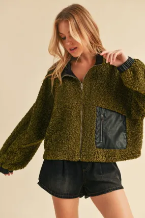 Collared Neck Zip Up Sherpa Jacket