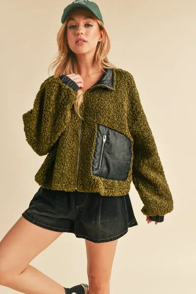 Collared Neck Zip Up Sherpa Jacket