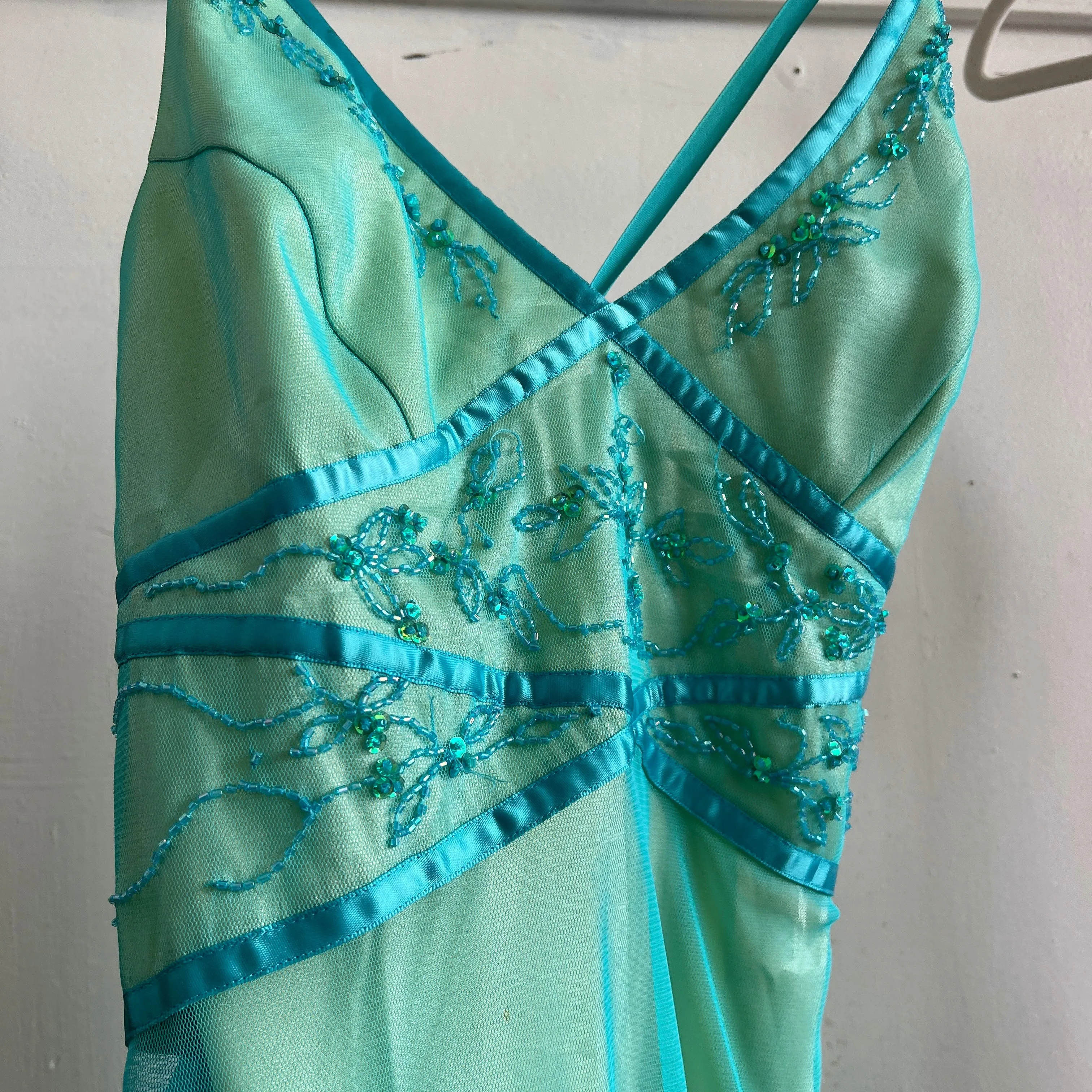Cyan mesh beaded prom dress (L)