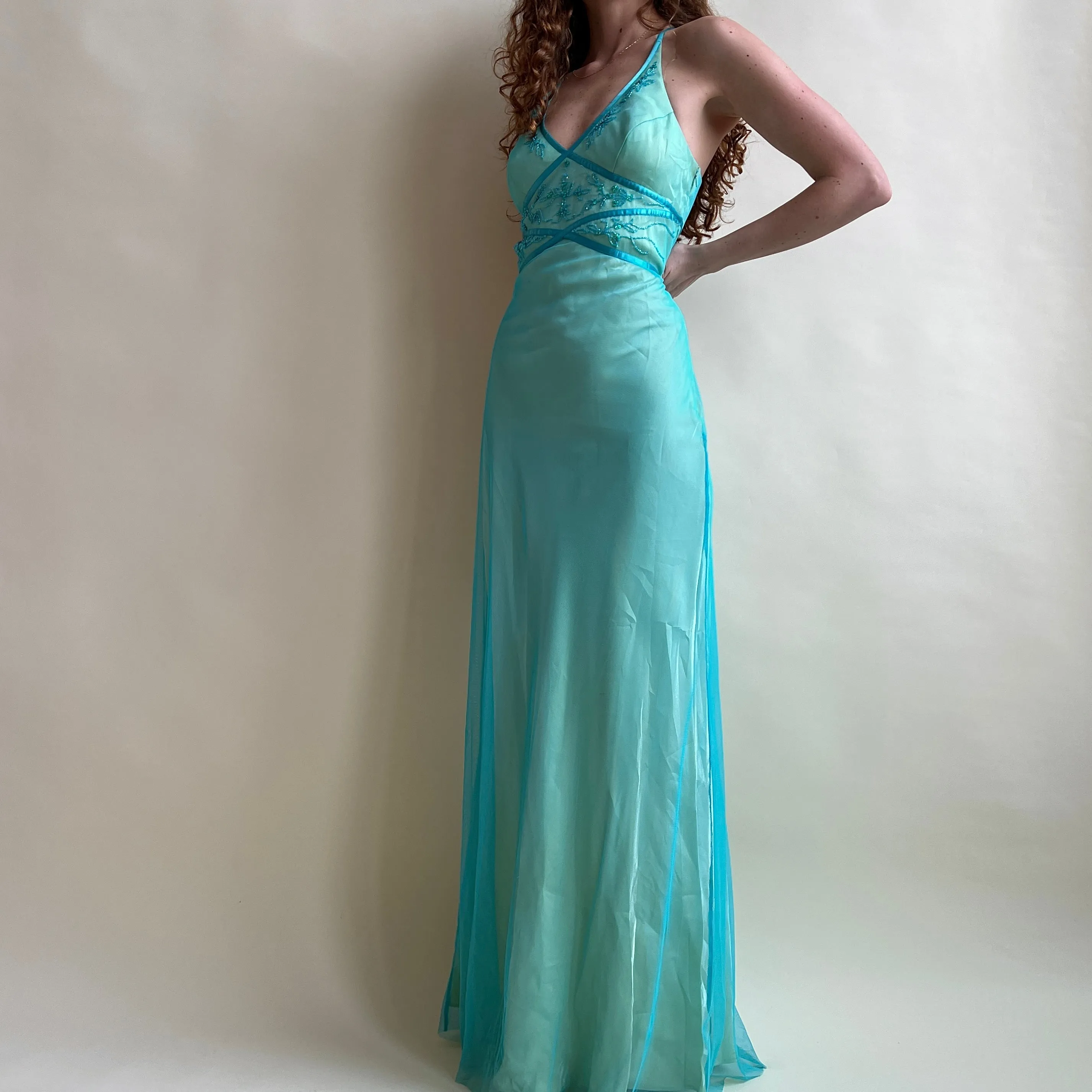 Cyan mesh beaded prom dress (L)
