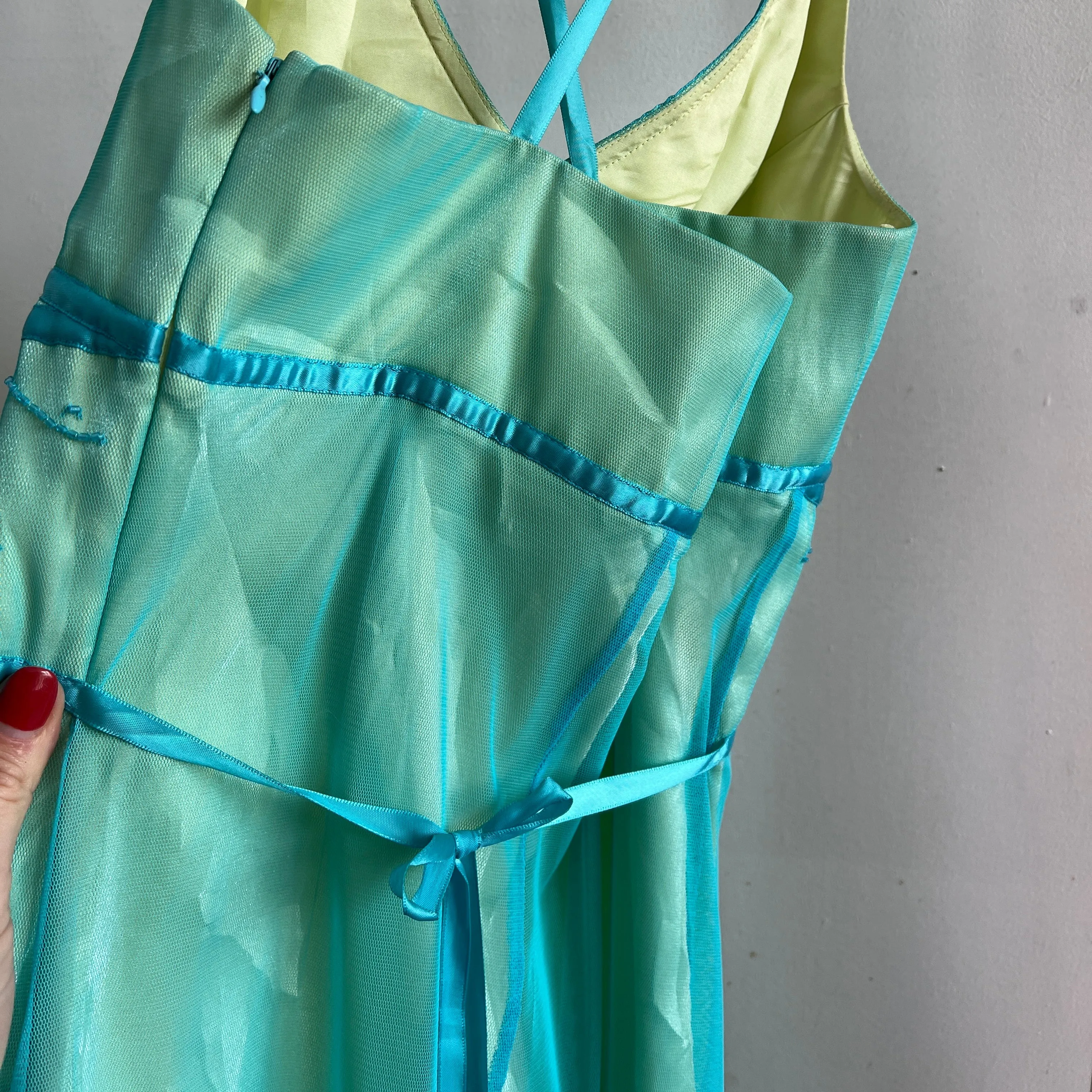 Cyan mesh beaded prom dress (L)