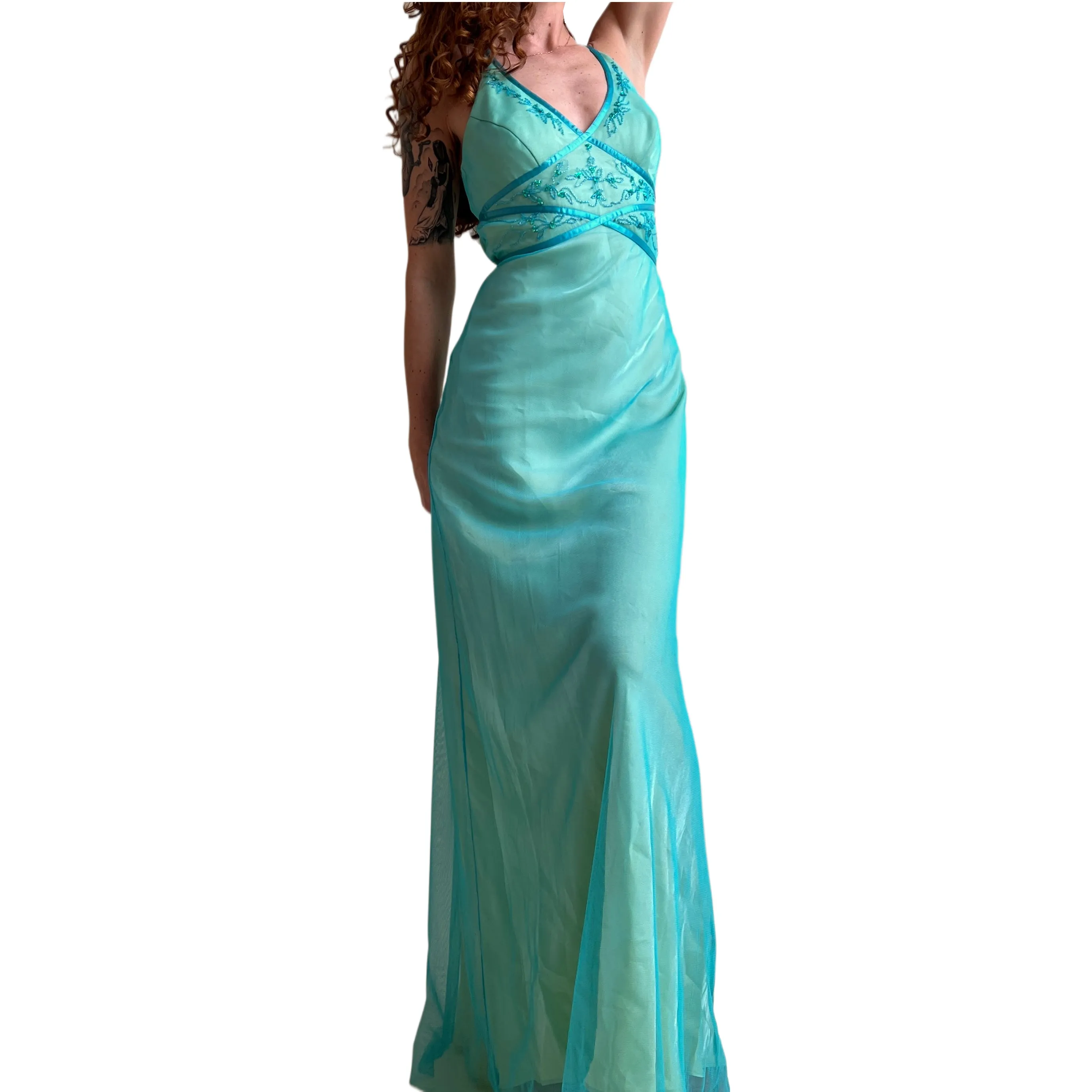 Cyan mesh beaded prom dress (L)