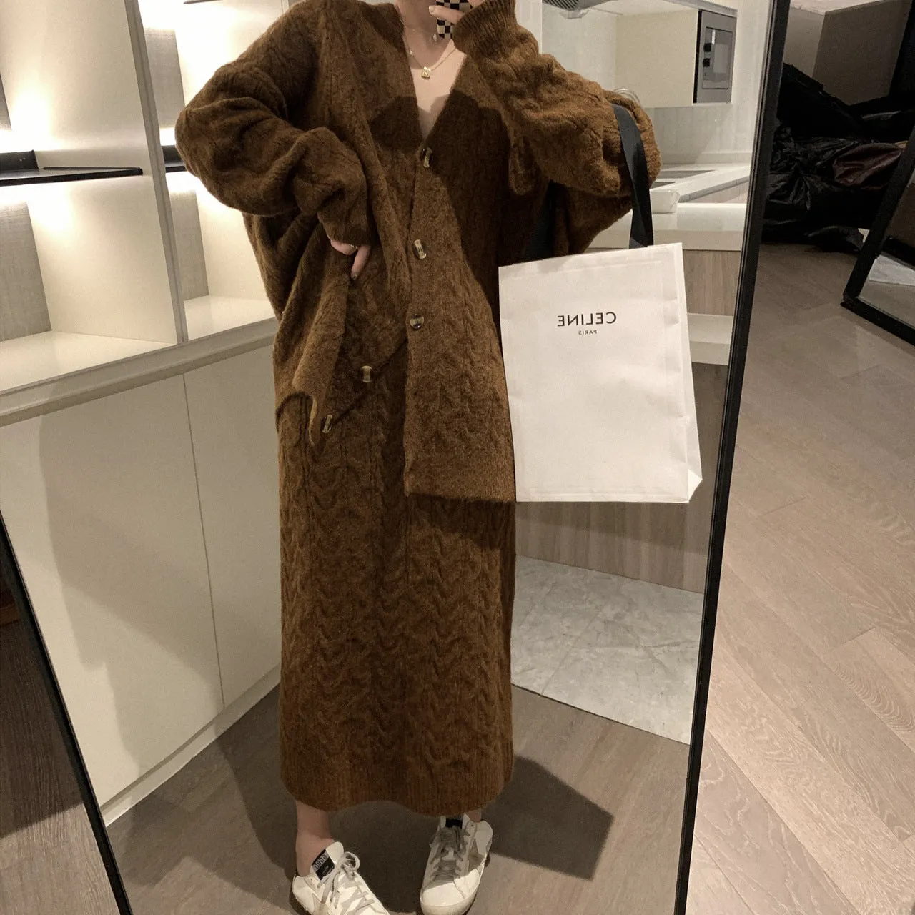 MALYBGG Cozy Two-Piece Ensemble with Oversized Sweater Coat and High-Waisted Skirt 8044LY