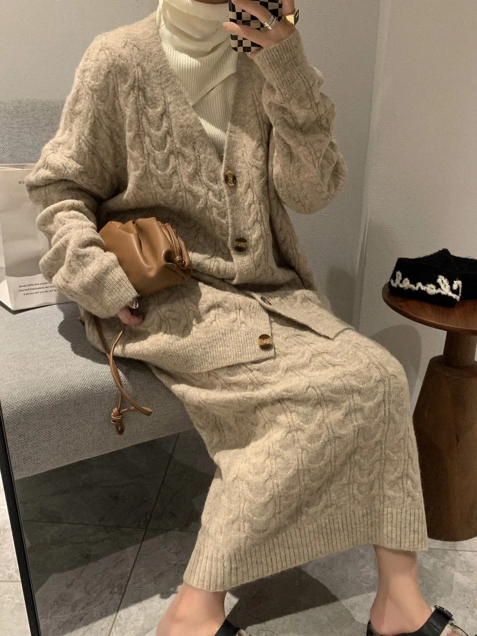 MALYBGG Cozy Two-Piece Ensemble with Oversized Sweater Coat and High-Waisted Skirt 8044LY