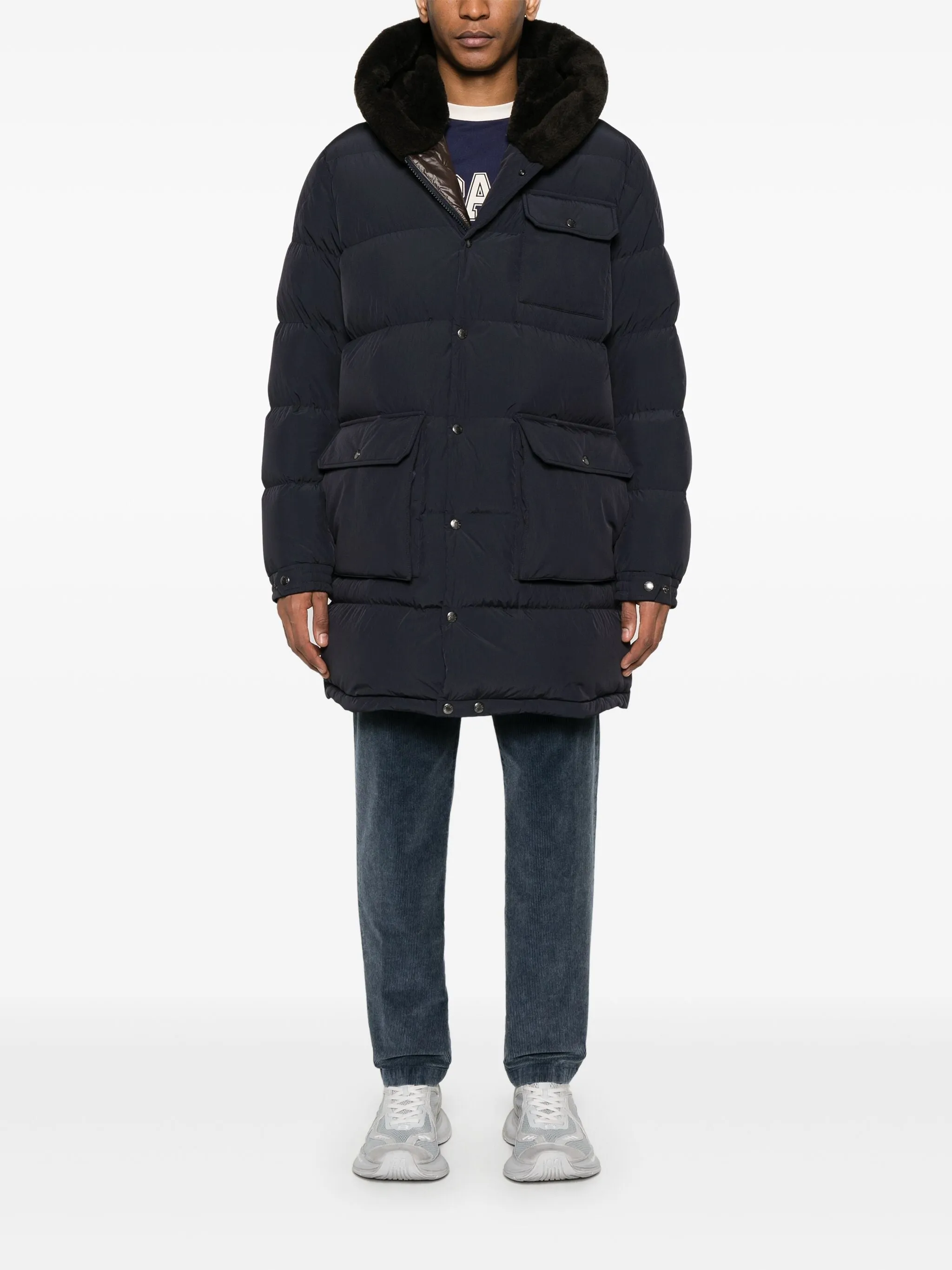 MONCLER Rowan Logo Long Parka Coat Navy