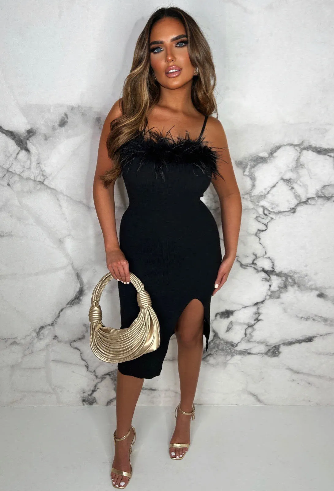 So Glamorous Black Feather Trim Leg Split Knitted Midi Dress