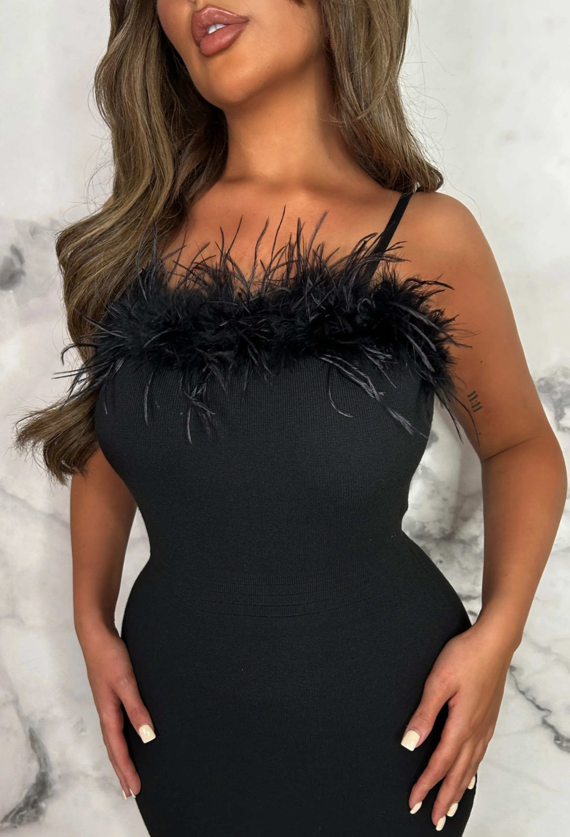 So Glamorous Black Feather Trim Leg Split Knitted Midi Dress