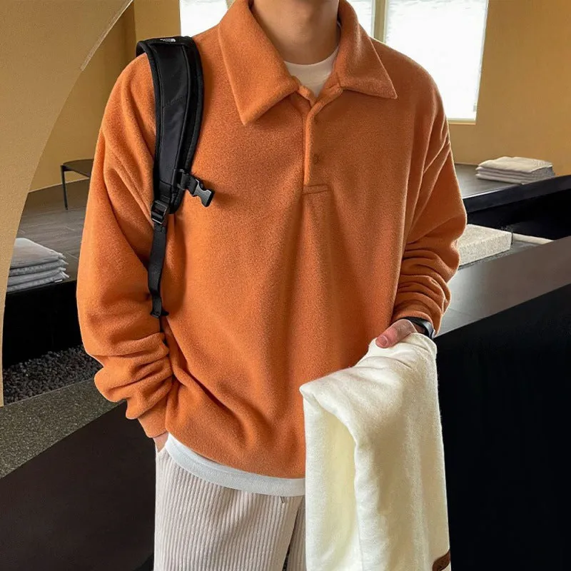 Voguable 90s fashion men BJ Autumn and Winter Thickened Lapel Sweater Men's Korean-Style Trendy Loose Long-Sleeved Polo Shirt Solid Color All-Matching Coat