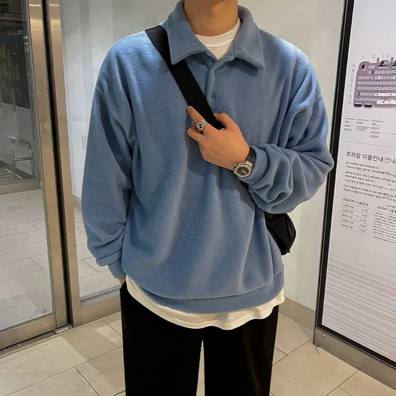Voguable 90s fashion men BJ Autumn and Winter Thickened Lapel Sweater Men's Korean-Style Trendy Loose Long-Sleeved Polo Shirt Solid Color All-Matching Coat
