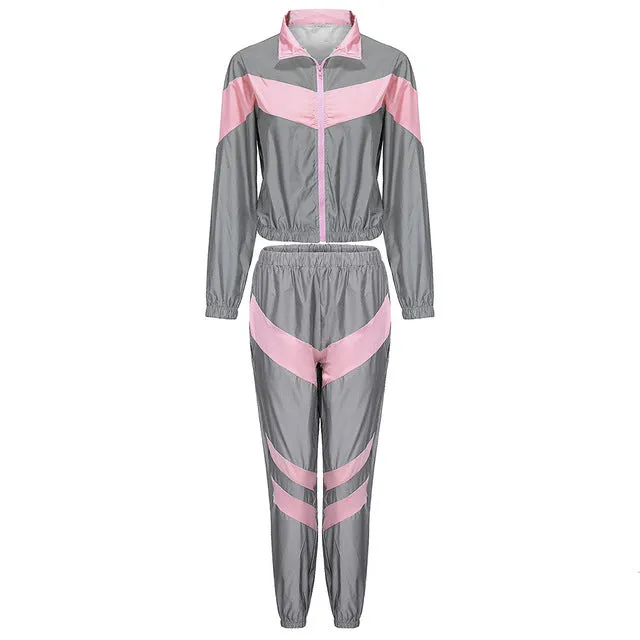 Women Tracksuits 2 Piece Set Reflective Zip Crop Top Pants Windbreaker Fashion Female Loose Glow Jacket Coat Trousers Plus Size
